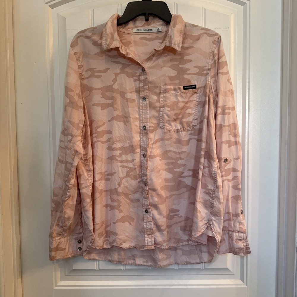 Calvin Klein Pink Camo Tencel Long Sleeve Button Up Shirt Womens Size Large